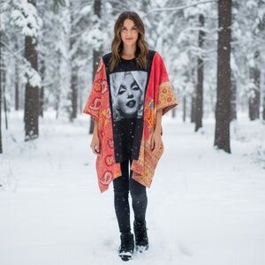 MARYLIN MONROE T Poncho Kantha w Pockets Handmade One Of a Kind Upcycled Boho